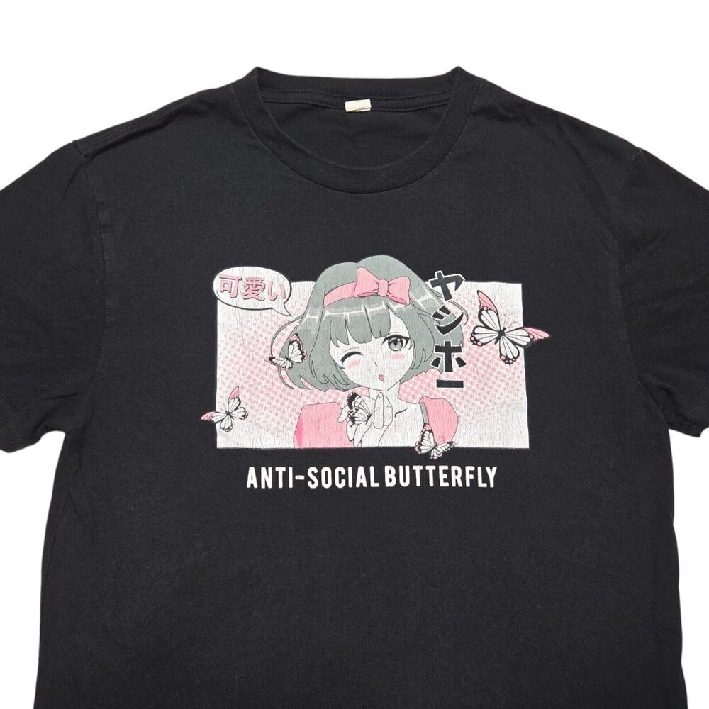 Anti Social Butterfly Shirt Womens Juniors‎ Medium Black Anime Short Sleeve